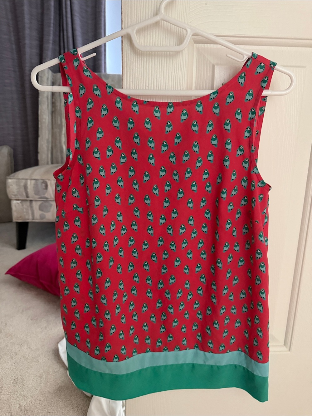 LOFT Red Sleeveless Tank with Green Bird Print and Contrast Hem